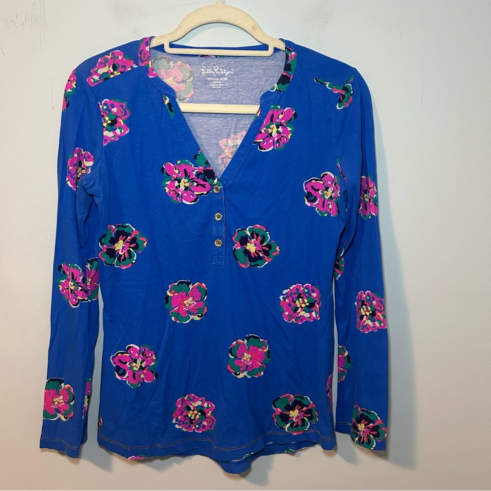 Lilly Pulitzer Janelle Top Of Corsage Royce Blue Floral Long Sleeve Top Sz Small
